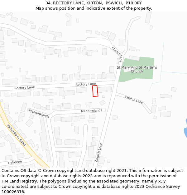 34, RECTORY LANE, KIRTON, IPSWICH, IP10 0PY: Location map and indicative extent of plot