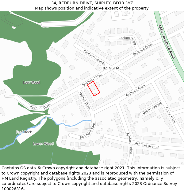 34, REDBURN DRIVE, SHIPLEY, BD18 3AZ: Location map and indicative extent of plot