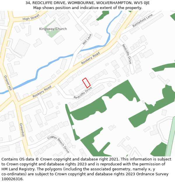 34, REDCLIFFE DRIVE, WOMBOURNE, WOLVERHAMPTON, WV5 0JE: Location map and indicative extent of plot