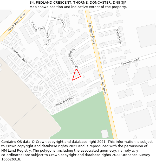 34, REDLAND CRESCENT, THORNE, DONCASTER, DN8 5JP: Location map and indicative extent of plot