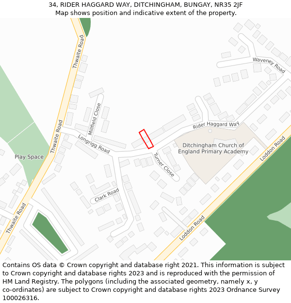 34, RIDER HAGGARD WAY, DITCHINGHAM, BUNGAY, NR35 2JF: Location map and indicative extent of plot