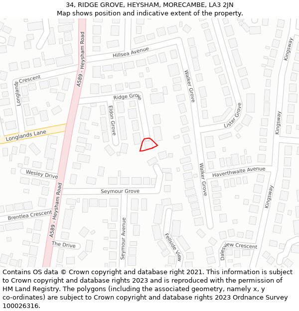 34, RIDGE GROVE, HEYSHAM, MORECAMBE, LA3 2JN: Location map and indicative extent of plot