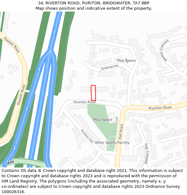 34, RIVERTON ROAD, PURITON, BRIDGWATER, TA7 8BP: Location map and indicative extent of plot