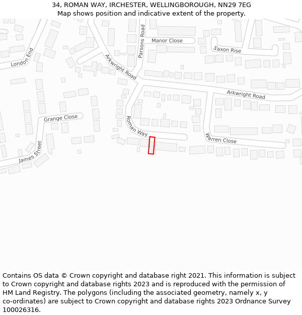 34, ROMAN WAY, IRCHESTER, WELLINGBOROUGH, NN29 7EG: Location map and indicative extent of plot