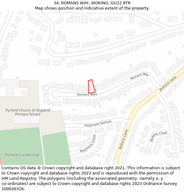34, ROMANS WAY, WOKING, GU22 8TR: Location map and indicative extent of plot