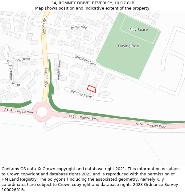 34, ROMNEY DRIVE, BEVERLEY, HU17 8LB: Location map and indicative extent of plot