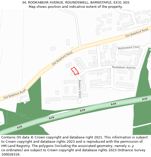 34, ROOKABEAR AVENUE, ROUNDSWELL, BARNSTAPLE, EX31 3GS: Location map and indicative extent of plot