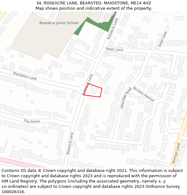 34, ROSEACRE LANE, BEARSTED, MAIDSTONE, ME14 4HZ: Location map and indicative extent of plot