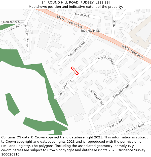 34, ROUND HILL ROAD, PUDSEY, LS28 8BJ: Location map and indicative extent of plot