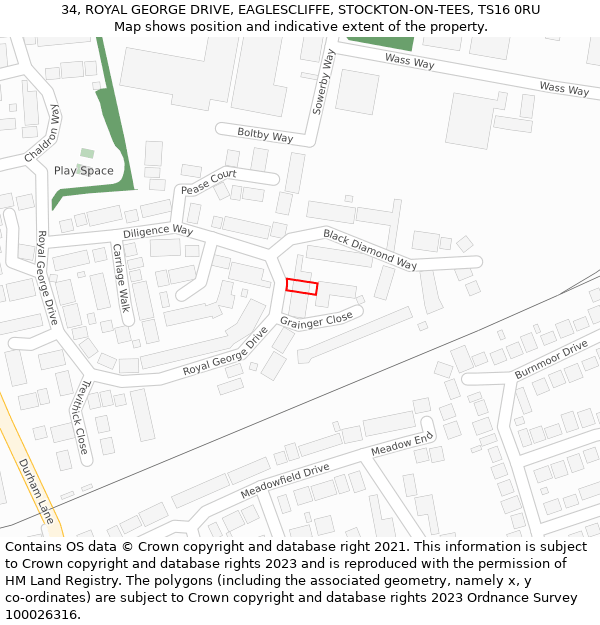 34, ROYAL GEORGE DRIVE, EAGLESCLIFFE, STOCKTON-ON-TEES, TS16 0RU: Location map and indicative extent of plot