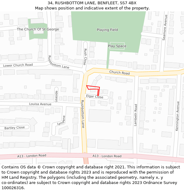 34, RUSHBOTTOM LANE, BENFLEET, SS7 4BX: Location map and indicative extent of plot