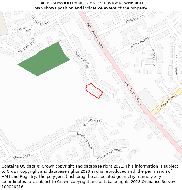 34, RUSHWOOD PARK, STANDISH, WIGAN, WN6 0GH: Location map and indicative extent of plot