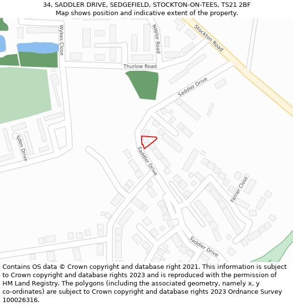 34, SADDLER DRIVE, SEDGEFIELD, STOCKTON-ON-TEES, TS21 2BF: Location map and indicative extent of plot