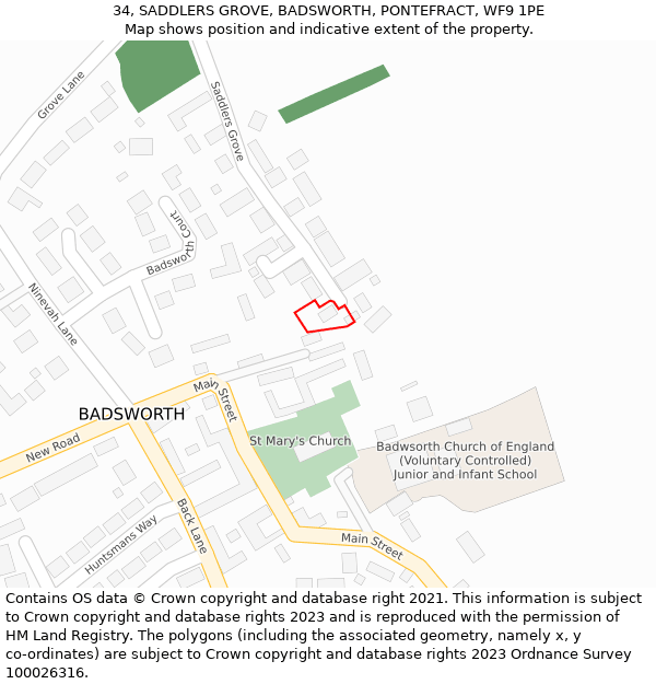 34, SADDLERS GROVE, BADSWORTH, PONTEFRACT, WF9 1PE: Location map and indicative extent of plot