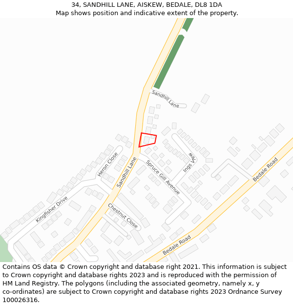 34, SANDHILL LANE, AISKEW, BEDALE, DL8 1DA: Location map and indicative extent of plot