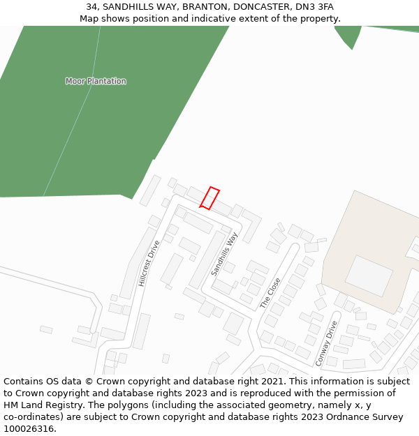 34, SANDHILLS WAY, BRANTON, DONCASTER, DN3 3FA: Location map and indicative extent of plot