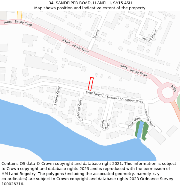 34, SANDPIPER ROAD, LLANELLI, SA15 4SH: Location map and indicative extent of plot