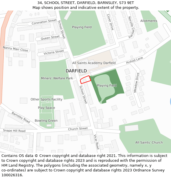 34, SCHOOL STREET, DARFIELD, BARNSLEY, S73 9ET: Location map and indicative extent of plot