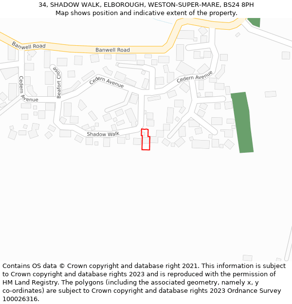 34, SHADOW WALK, ELBOROUGH, WESTON-SUPER-MARE, BS24 8PH: Location map and indicative extent of plot