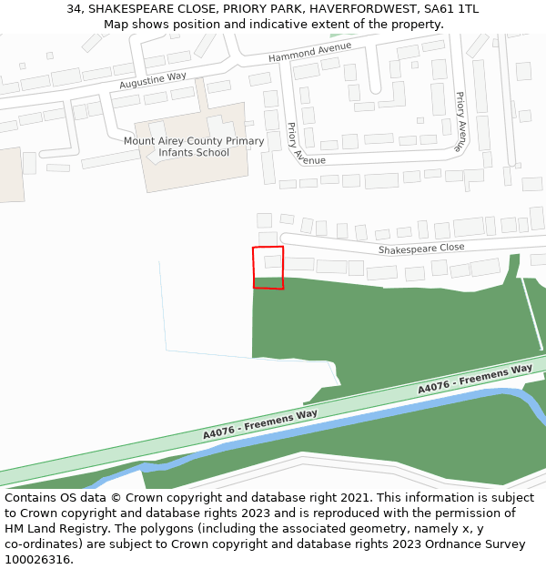 34, SHAKESPEARE CLOSE, PRIORY PARK, HAVERFORDWEST, SA61 1TL: Location map and indicative extent of plot