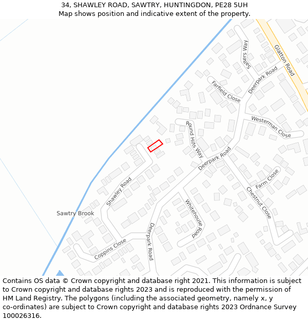 34, SHAWLEY ROAD, SAWTRY, HUNTINGDON, PE28 5UH: Location map and indicative extent of plot