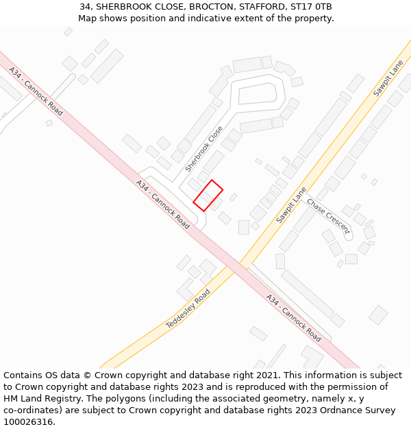 34, SHERBROOK CLOSE, BROCTON, STAFFORD, ST17 0TB: Location map and indicative extent of plot