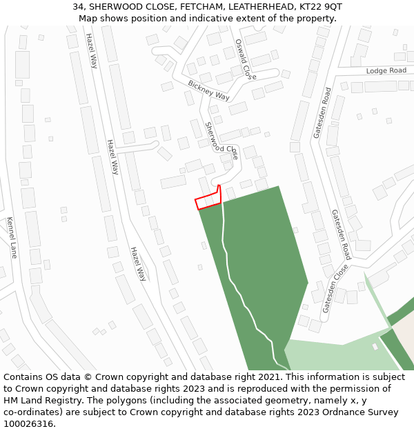 34, SHERWOOD CLOSE, FETCHAM, LEATHERHEAD, KT22 9QT: Location map and indicative extent of plot