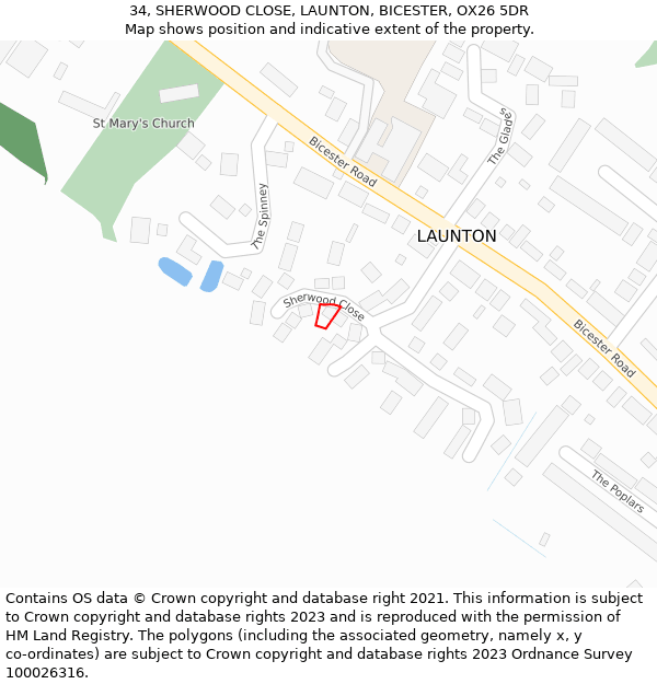 34, SHERWOOD CLOSE, LAUNTON, BICESTER, OX26 5DR: Location map and indicative extent of plot