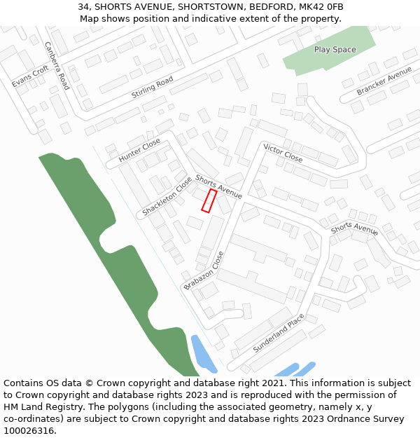 34, SHORTS AVENUE, SHORTSTOWN, BEDFORD, MK42 0FB: Location map and indicative extent of plot