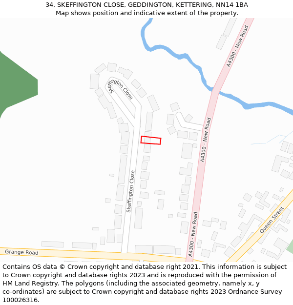 34, SKEFFINGTON CLOSE, GEDDINGTON, KETTERING, NN14 1BA: Location map and indicative extent of plot