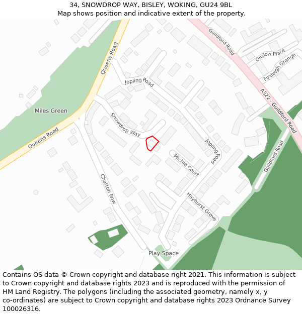 34, SNOWDROP WAY, BISLEY, WOKING, GU24 9BL: Location map and indicative extent of plot