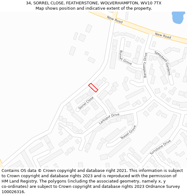 34, SORREL CLOSE, FEATHERSTONE, WOLVERHAMPTON, WV10 7TX: Location map and indicative extent of plot