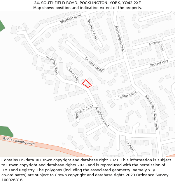 34, SOUTHFIELD ROAD, POCKLINGTON, YORK, YO42 2XE: Location map and indicative extent of plot