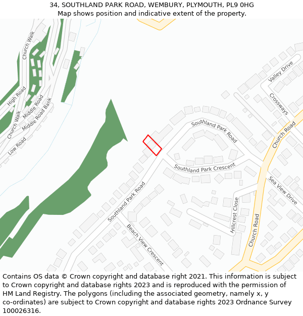 34, SOUTHLAND PARK ROAD, WEMBURY, PLYMOUTH, PL9 0HG: Location map and indicative extent of plot