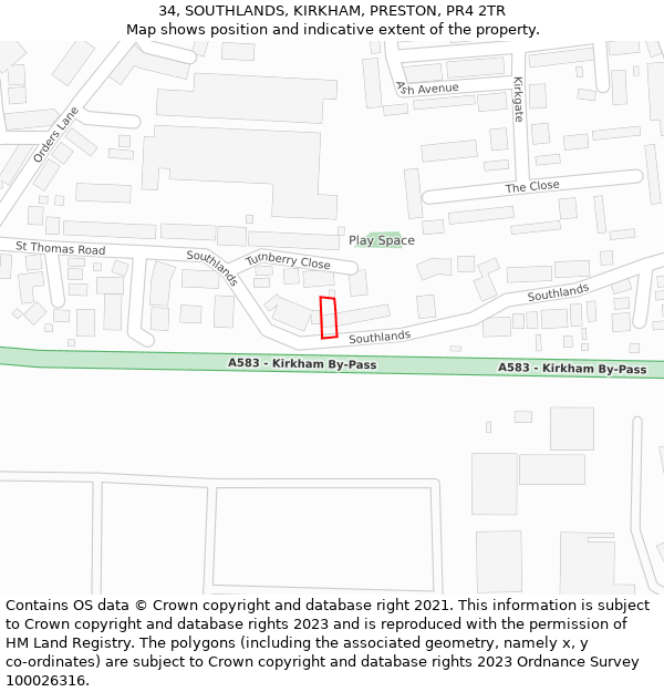 34, SOUTHLANDS, KIRKHAM, PRESTON, PR4 2TR: Location map and indicative extent of plot