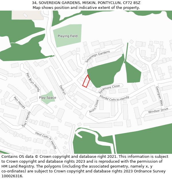 34, SOVEREIGN GARDENS, MISKIN, PONTYCLUN, CF72 8SZ: Location map and indicative extent of plot