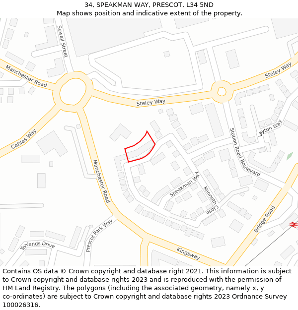 34, SPEAKMAN WAY, PRESCOT, L34 5ND: Location map and indicative extent of plot