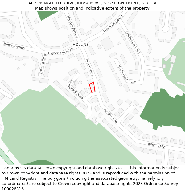 34, SPRINGFIELD DRIVE, KIDSGROVE, STOKE-ON-TRENT, ST7 1BL: Location map and indicative extent of plot