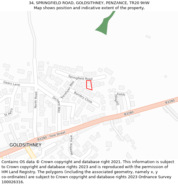 34, SPRINGFIELD ROAD, GOLDSITHNEY, PENZANCE, TR20 9HW: Location map and indicative extent of plot