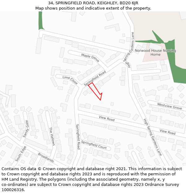 34, SPRINGFIELD ROAD, KEIGHLEY, BD20 6JR: Location map and indicative extent of plot