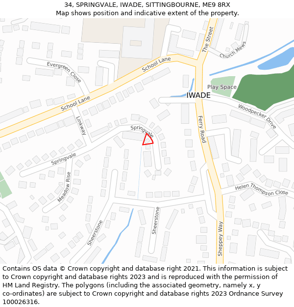 34, SPRINGVALE, IWADE, SITTINGBOURNE, ME9 8RX: Location map and indicative extent of plot