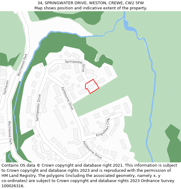 34, SPRINGWATER DRIVE, WESTON, CREWE, CW2 5FW: Location map and indicative extent of plot