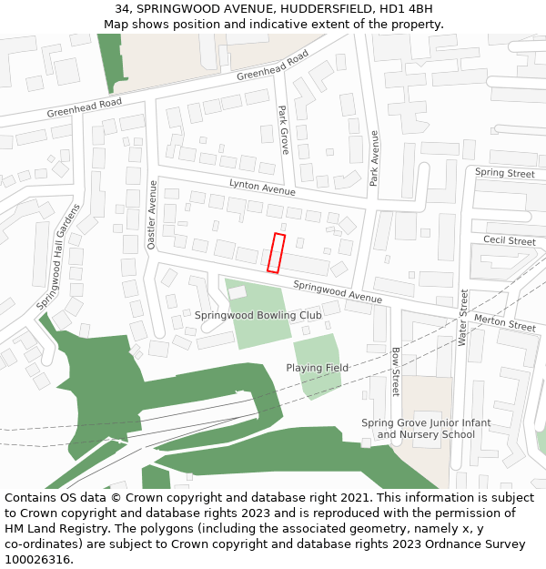 34, SPRINGWOOD AVENUE, HUDDERSFIELD, HD1 4BH: Location map and indicative extent of plot