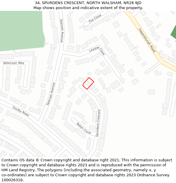 34, SPURDENS CRESCENT, NORTH WALSHAM, NR28 9JD: Location map and indicative extent of plot