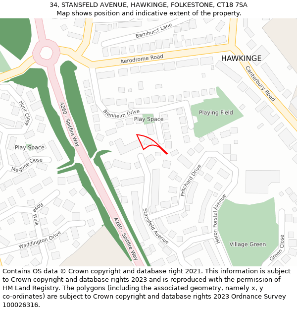 34, STANSFELD AVENUE, HAWKINGE, FOLKESTONE, CT18 7SA: Location map and indicative extent of plot