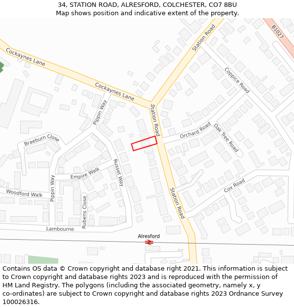 34, STATION ROAD, ALRESFORD, COLCHESTER, CO7 8BU: Location map and indicative extent of plot