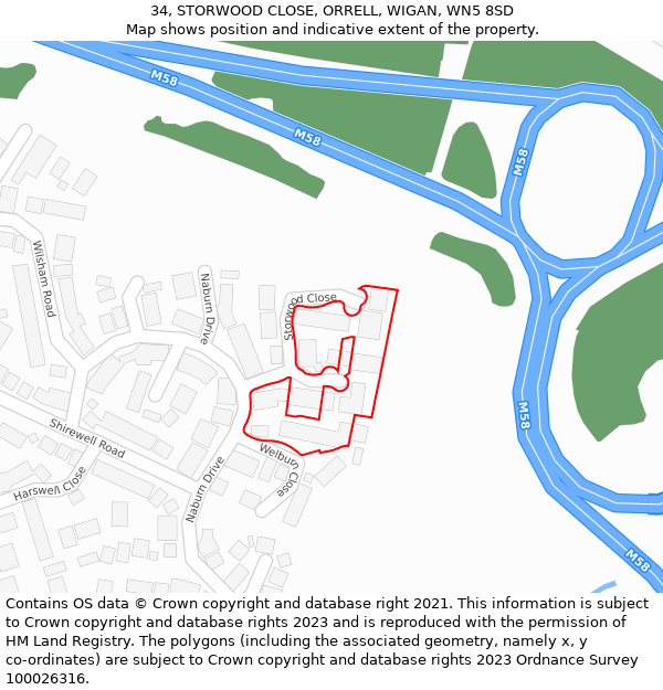 34, STORWOOD CLOSE, ORRELL, WIGAN, WN5 8SD: Location map and indicative extent of plot