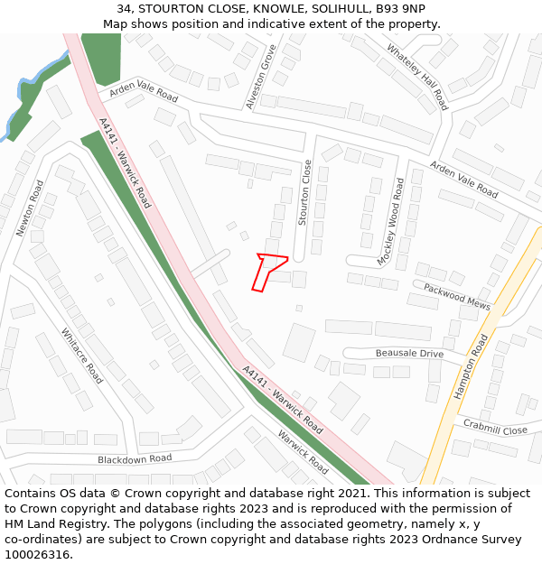 34, STOURTON CLOSE, KNOWLE, SOLIHULL, B93 9NP: Location map and indicative extent of plot