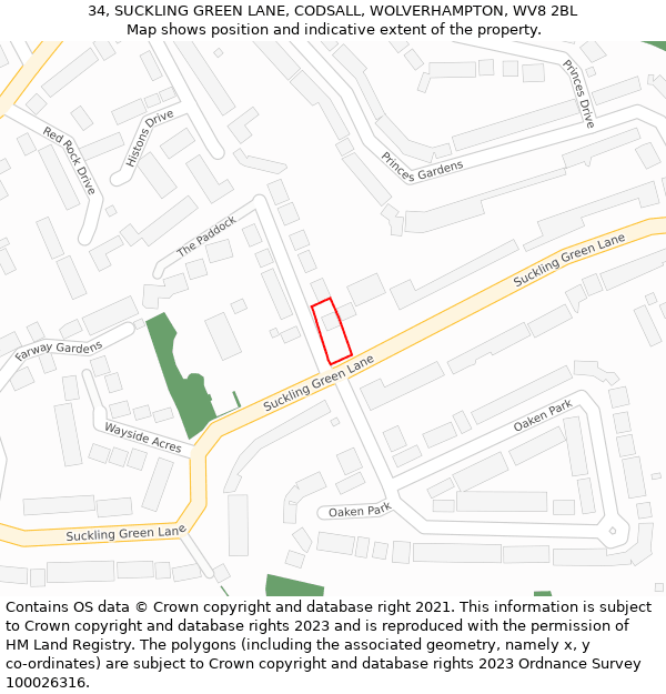 34, SUCKLING GREEN LANE, CODSALL, WOLVERHAMPTON, WV8 2BL: Location map and indicative extent of plot