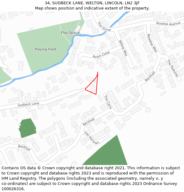 34, SUDBECK LANE, WELTON, LINCOLN, LN2 3JF: Location map and indicative extent of plot